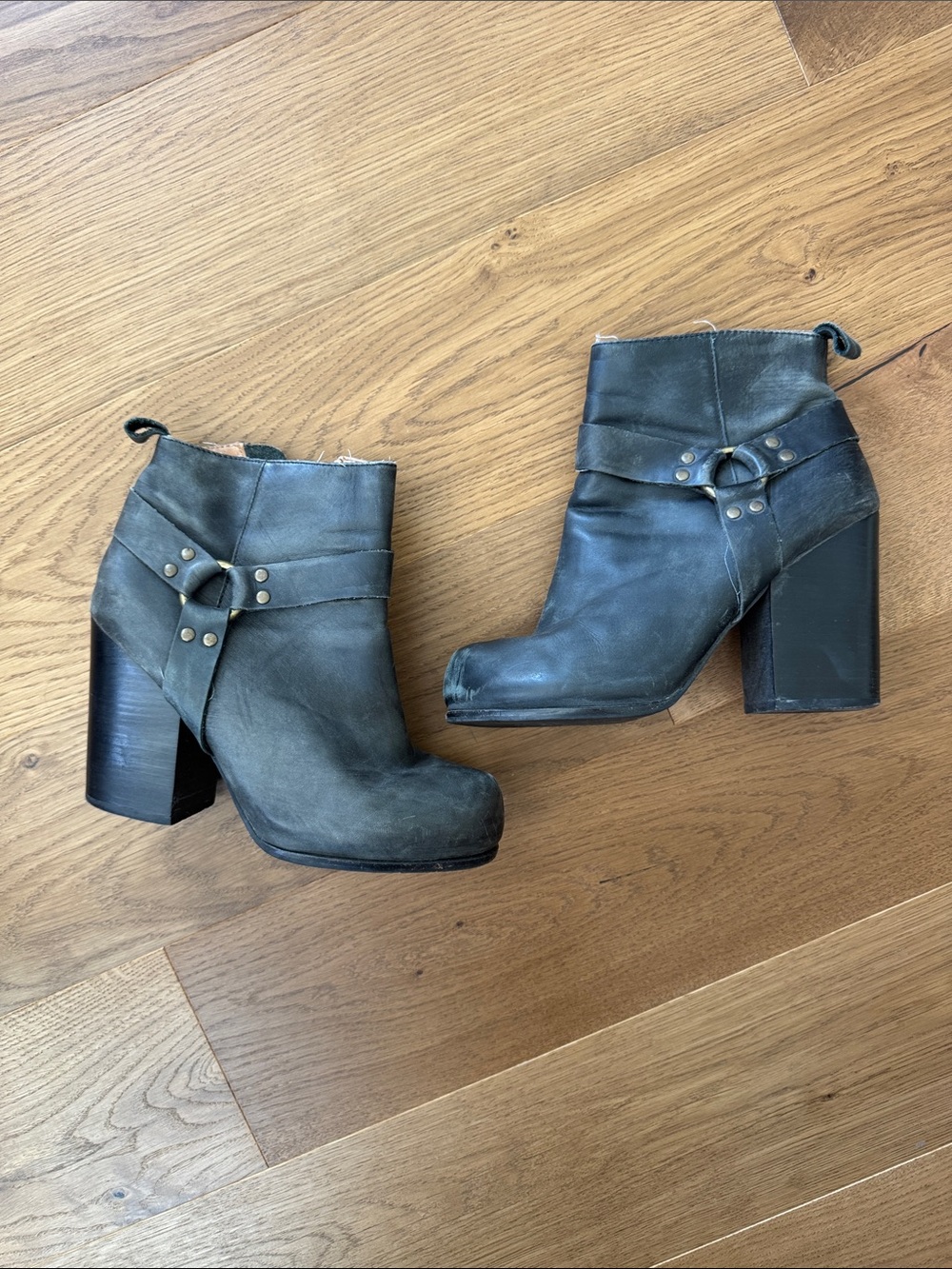 Jeffrey Campbell Black Leather Ankle Booties with Strap & Ring Detail